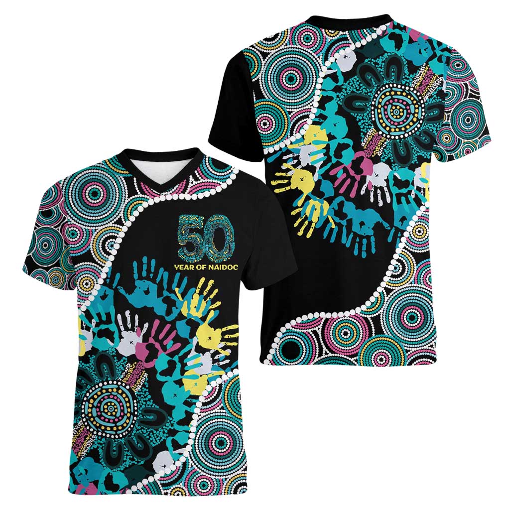 Honouring 50 Year Of NAIDOC Women V-Neck T-Shirt Honouring The Next Generation Pastel Aboriginal Art