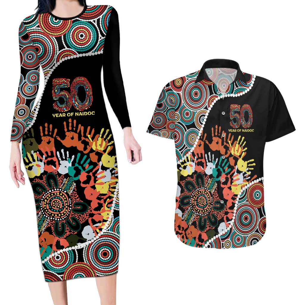 Honouring 50 Year Of NAIDOC Couples Matching Long Sleeve Bodycon Dress and Hawaiian Shirt Honouring The Next Generation Red Aboriginal Art