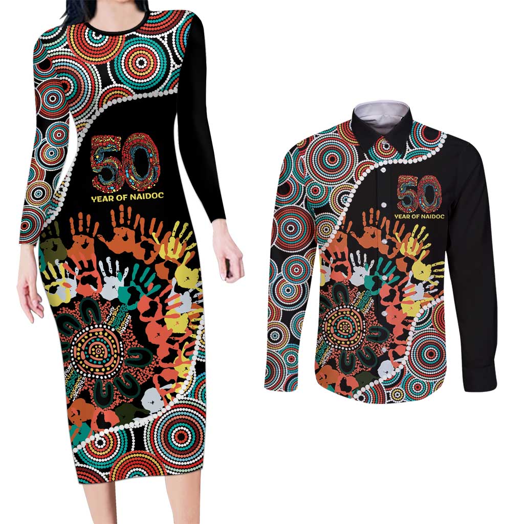 Honouring 50 Year Of NAIDOC Couples Matching Long Sleeve Bodycon Dress and Long Sleeve Button Shirt Honouring The Next Generation Red Aboriginal Art
