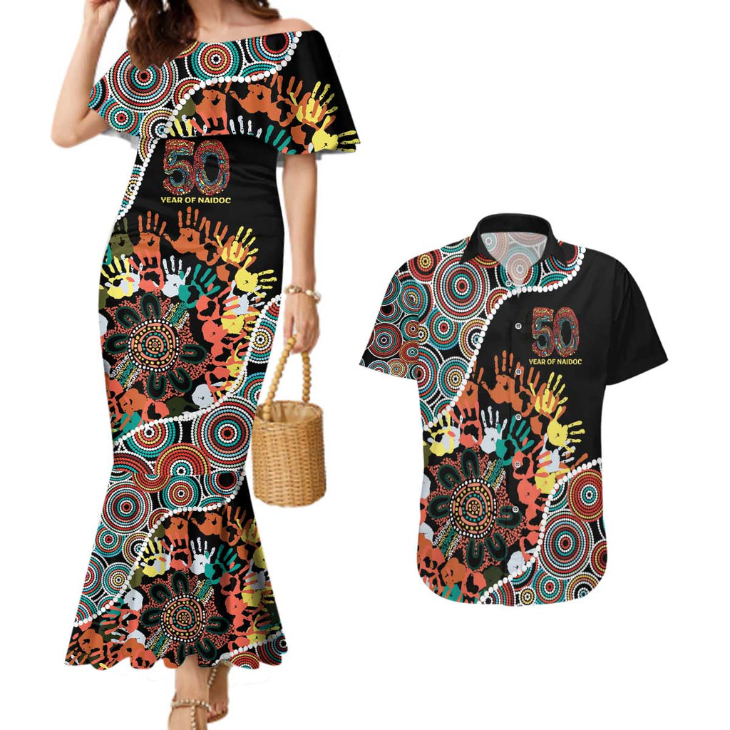 Honouring 50 Year Of NAIDOC Couples Matching Mermaid Dress and Hawaiian Shirt Honouring The Next Generation Red Aboriginal Art
