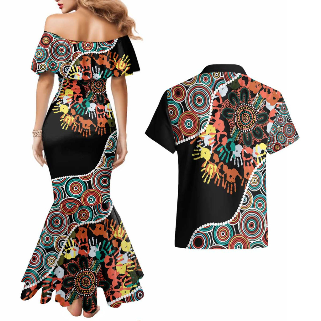 Honouring 50 Year Of NAIDOC Couples Matching Mermaid Dress and Hawaiian Shirt Honouring The Next Generation Red Aboriginal Art