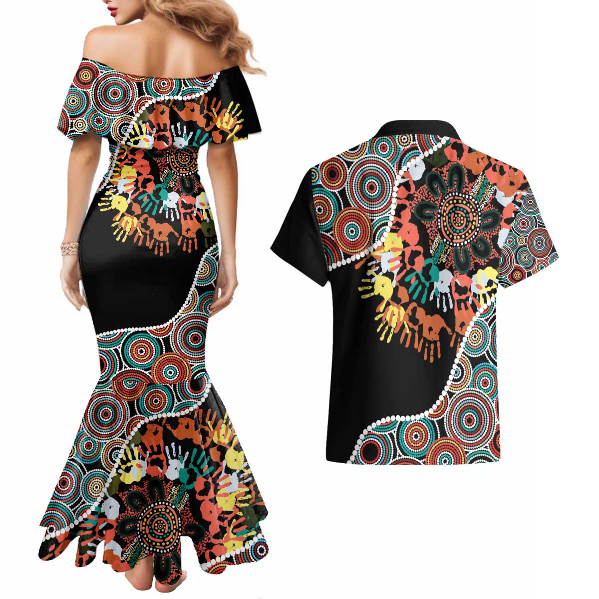 Honouring 50 Year Of NAIDOC Couples Matching Mermaid Dress and Hawaiian Shirt Honouring The Next Generation Red Aboriginal Art