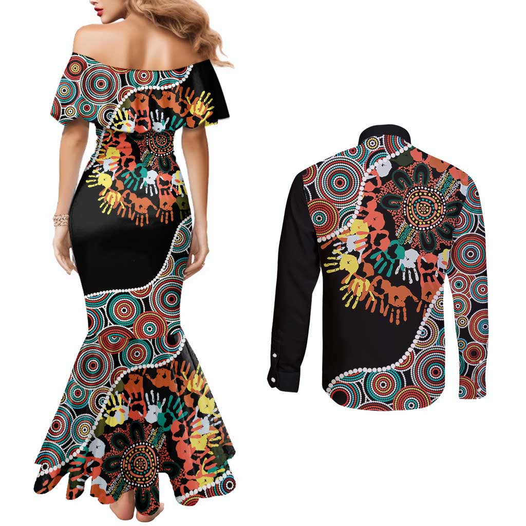 Honouring 50 Year Of NAIDOC Couples Matching Mermaid Dress and Long Sleeve Button Shirt Honouring The Next Generation Red Aboriginal Art