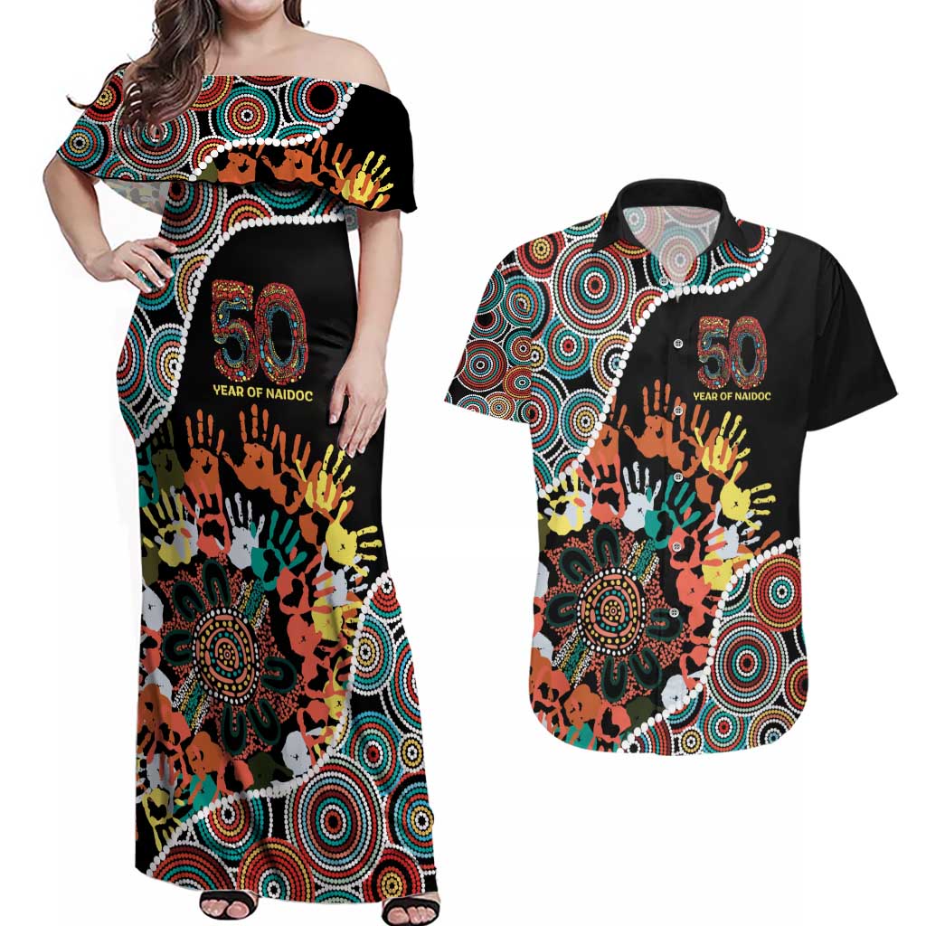 Honouring 50 Year Of NAIDOC Couples Matching Off Shoulder Maxi Dress and Hawaiian Shirt Honouring The Next Generation Red Aboriginal Art
