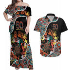 Honouring 50 Year Of NAIDOC Couples Matching Off Shoulder Maxi Dress and Hawaiian Shirt Honouring The Next Generation Red Aboriginal Art