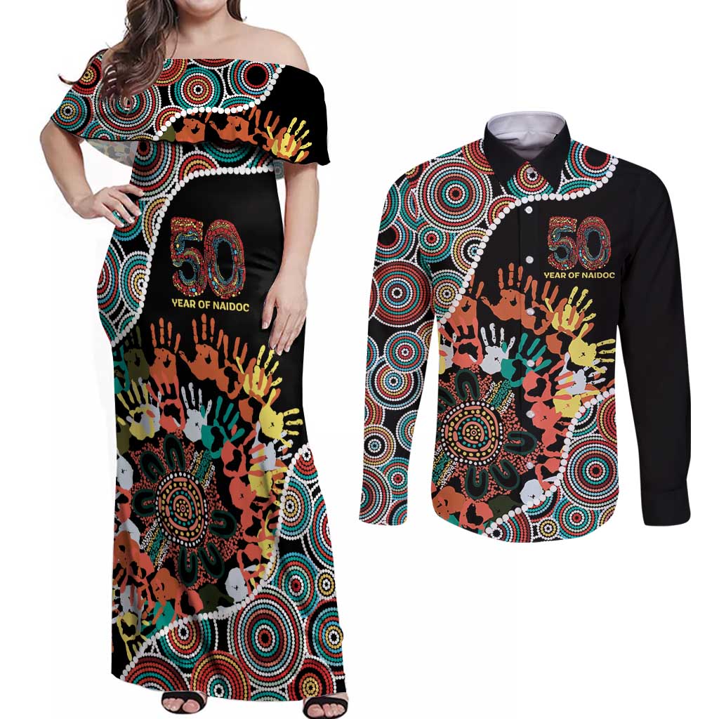 Honouring 50 Year Of NAIDOC Couples Matching Off Shoulder Maxi Dress and Long Sleeve Button Shirt Honouring The Next Generation Red Aboriginal Art