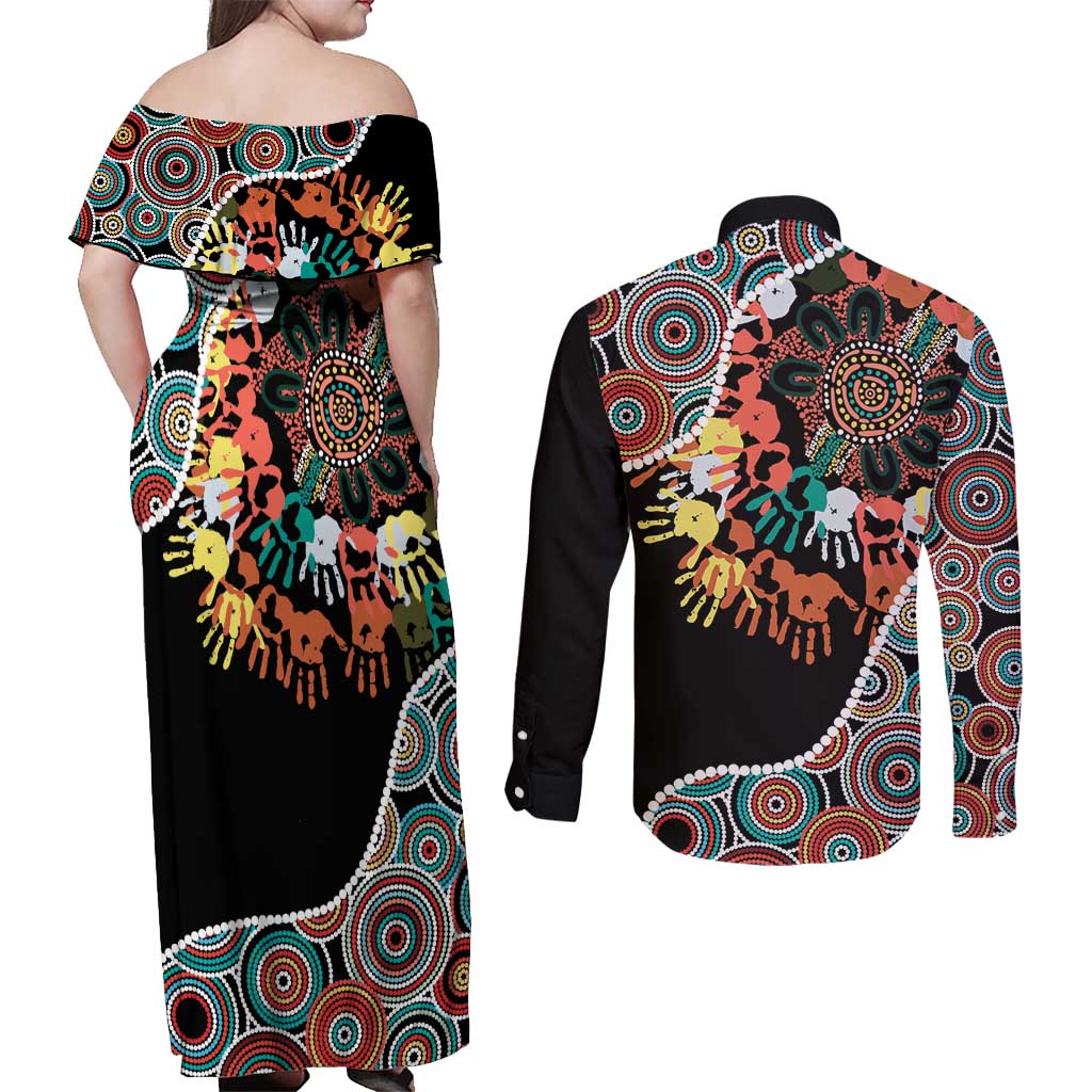 Honouring 50 Year Of NAIDOC Couples Matching Off Shoulder Maxi Dress and Long Sleeve Button Shirt Honouring The Next Generation Red Aboriginal Art