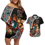 Honouring 50 Year Of NAIDOC Couples Matching Off Shoulder Short Dress and Hawaiian Shirt Honouring The Next Generation Red Aboriginal Art