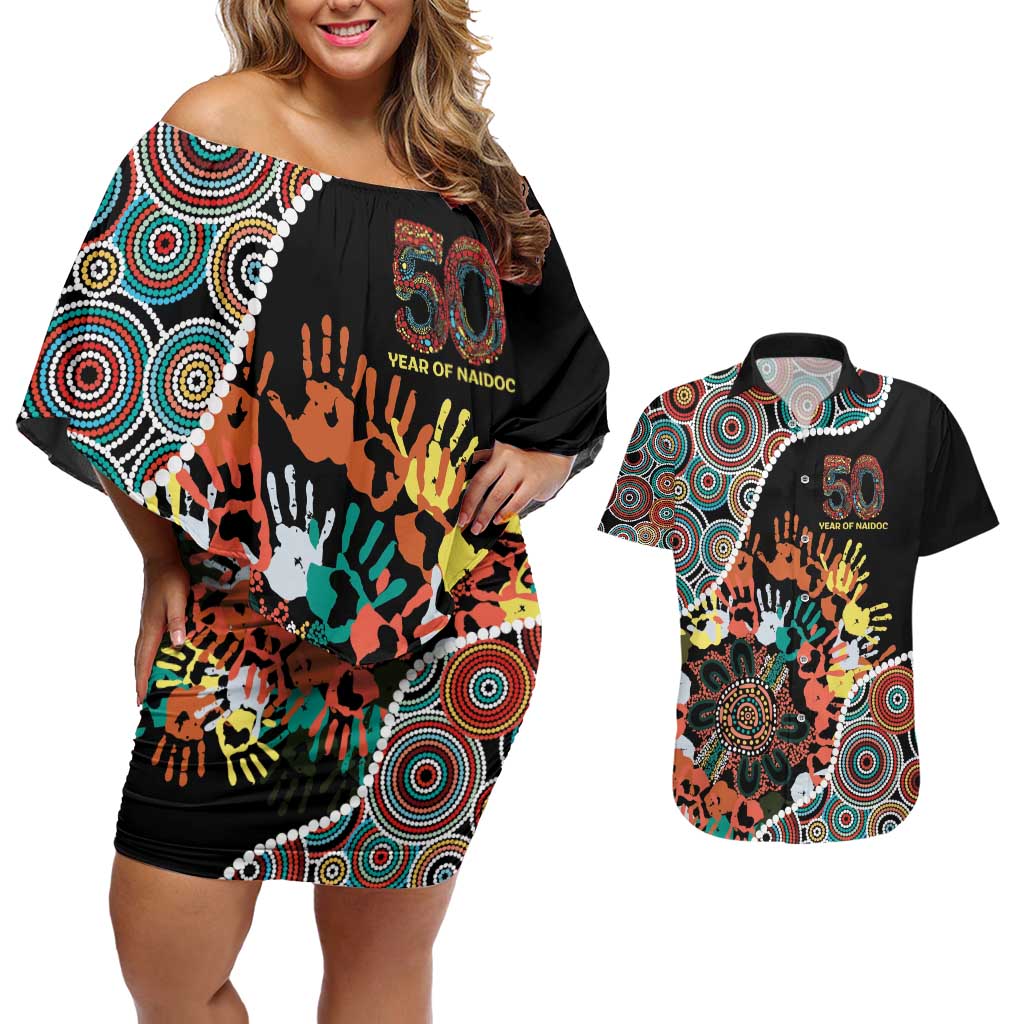 Honouring 50 Year Of NAIDOC Couples Matching Off Shoulder Short Dress and Hawaiian Shirt Honouring The Next Generation Red Aboriginal Art
