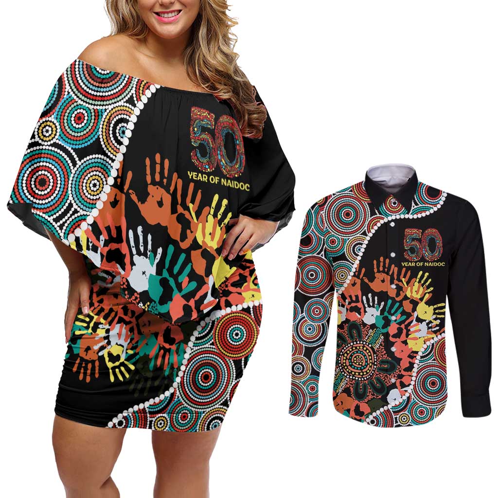 Honouring 50 Year Of NAIDOC Couples Matching Off Shoulder Short Dress and Long Sleeve Button Shirt Honouring The Next Generation Red Aboriginal Art