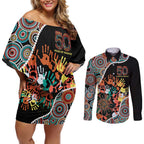 Honouring 50 Year Of NAIDOC Couples Matching Off Shoulder Short Dress and Long Sleeve Button Shirt Honouring The Next Generation Red Aboriginal Art