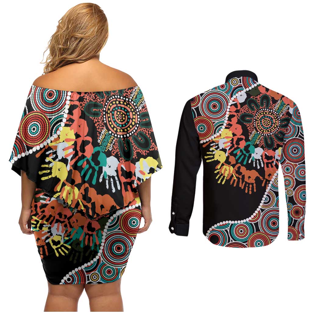 Honouring 50 Year Of NAIDOC Couples Matching Off Shoulder Short Dress and Long Sleeve Button Shirt Honouring The Next Generation Red Aboriginal Art
