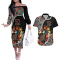 Honouring 50 Year Of NAIDOC Couples Matching Off The Shoulder Long Sleeve Dress and Hawaiian Shirt Honouring The Next Generation Red Aboriginal Art