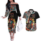Honouring 50 Year Of NAIDOC Couples Matching Off The Shoulder Long Sleeve Dress and Hawaiian Shirt Honouring The Next Generation Red Aboriginal Art
