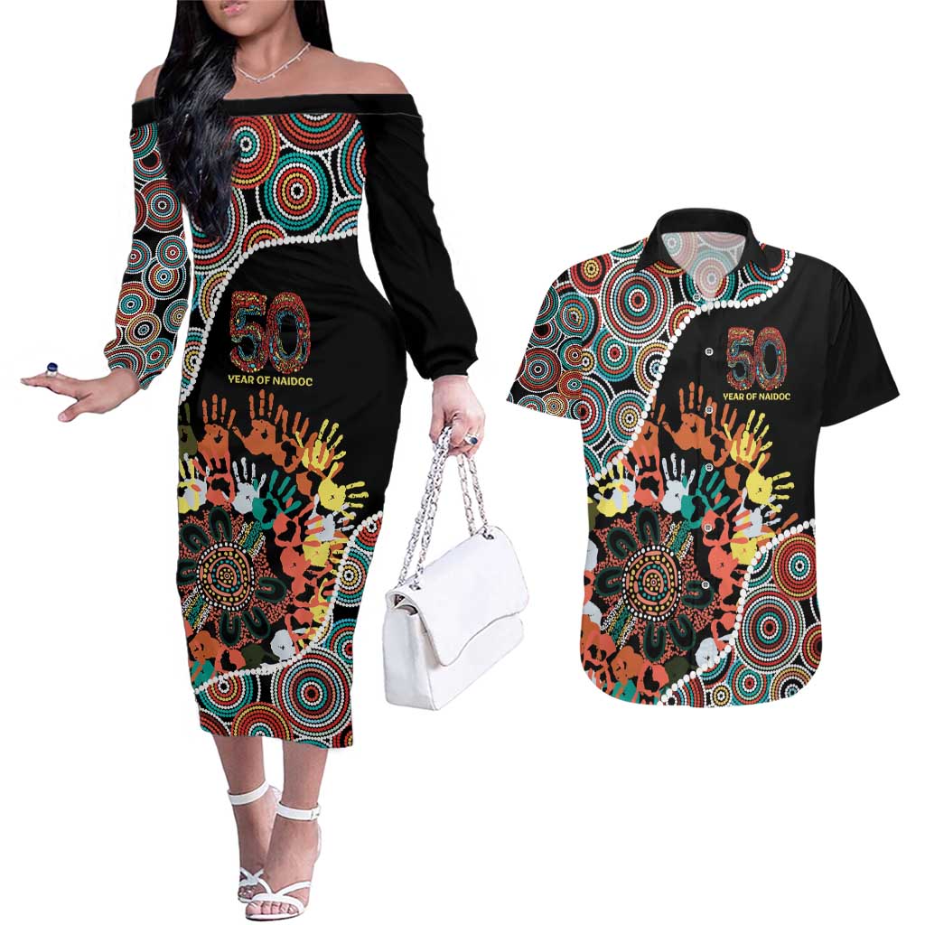 Honouring 50 Year Of NAIDOC Couples Matching Off The Shoulder Long Sleeve Dress and Hawaiian Shirt Honouring The Next Generation Red Aboriginal Art