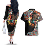 Honouring 50 Year Of NAIDOC Couples Matching Off The Shoulder Long Sleeve Dress and Hawaiian Shirt Honouring The Next Generation Red Aboriginal Art
