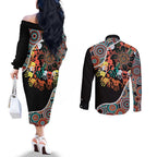 Honouring 50 Year Of NAIDOC Couples Matching Off The Shoulder Long Sleeve Dress and Long Sleeve Button Shirt Honouring The Next Generation Red Aboriginal Art