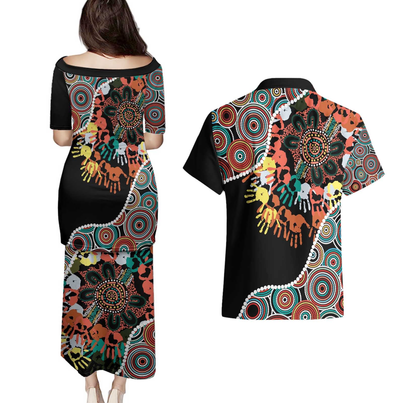 Honouring 50 Year Of NAIDOC Couples Matching Puletasi and Hawaiian Shirt Honouring The Next Generation Red Aboriginal Art