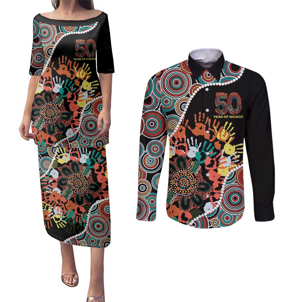 Honouring 50 Year Of NAIDOC Couples Matching Puletasi and Long Sleeve Button Shirt Honouring The Next Generation Red Aboriginal Art