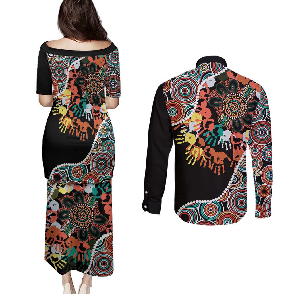 Honouring 50 Year Of NAIDOC Couples Matching Puletasi and Long Sleeve Button Shirt Honouring The Next Generation Red Aboriginal Art