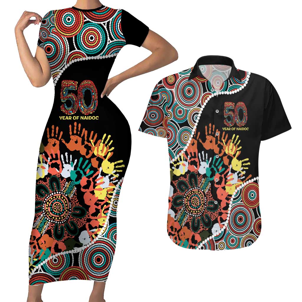 Honouring 50 Year Of NAIDOC Couples Matching Short Sleeve Bodycon Dress and Hawaiian Shirt Honouring The Next Generation Red Aboriginal Art