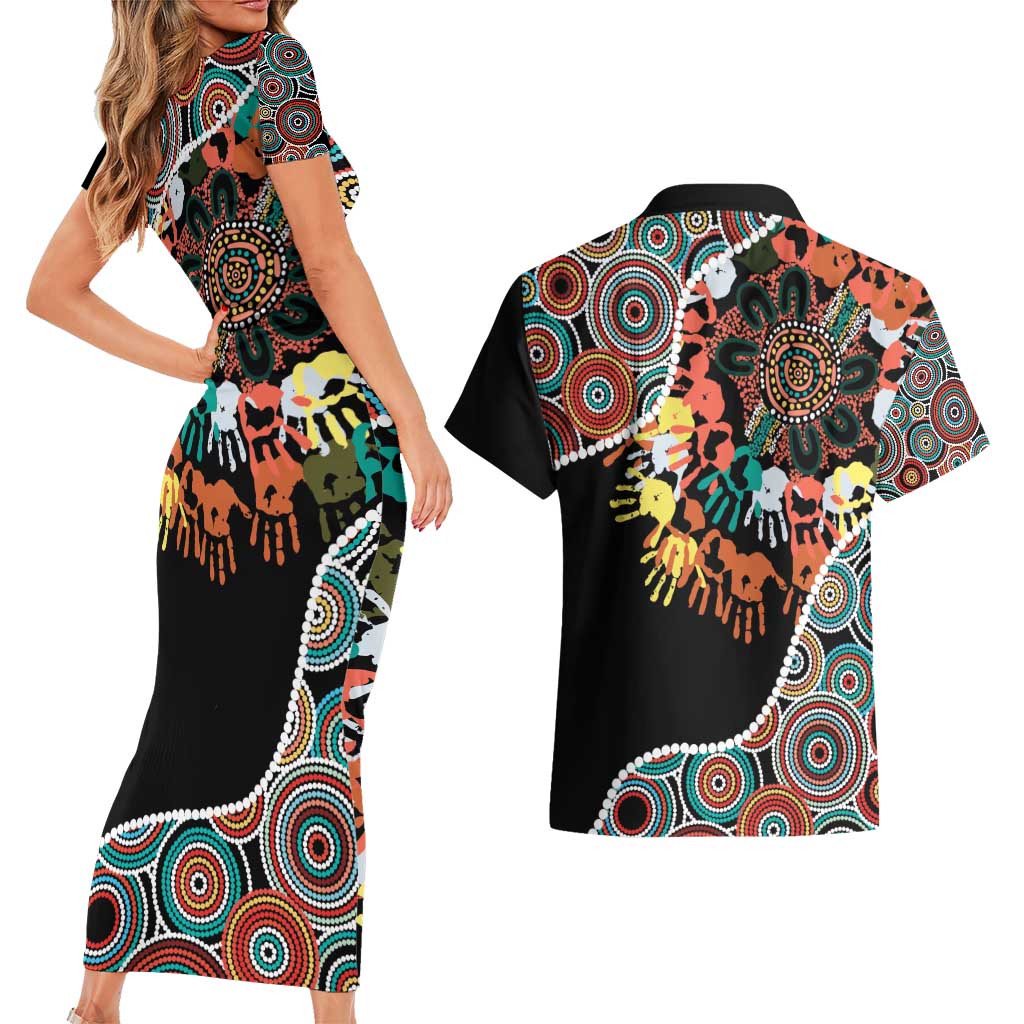 Honouring 50 Year Of NAIDOC Couples Matching Short Sleeve Bodycon Dress and Hawaiian Shirt Honouring The Next Generation Red Aboriginal Art
