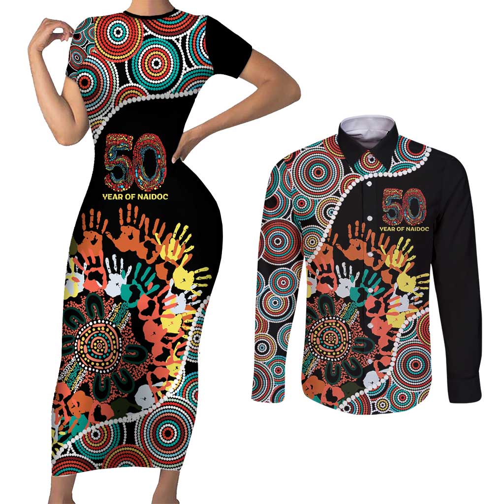 Honouring 50 Year Of NAIDOC Couples Matching Short Sleeve Bodycon Dress and Long Sleeve Button Shirt Honouring The Next Generation Red Aboriginal Art