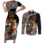 Honouring 50 Year Of NAIDOC Couples Matching Short Sleeve Bodycon Dress and Long Sleeve Button Shirt Honouring The Next Generation Red Aboriginal Art