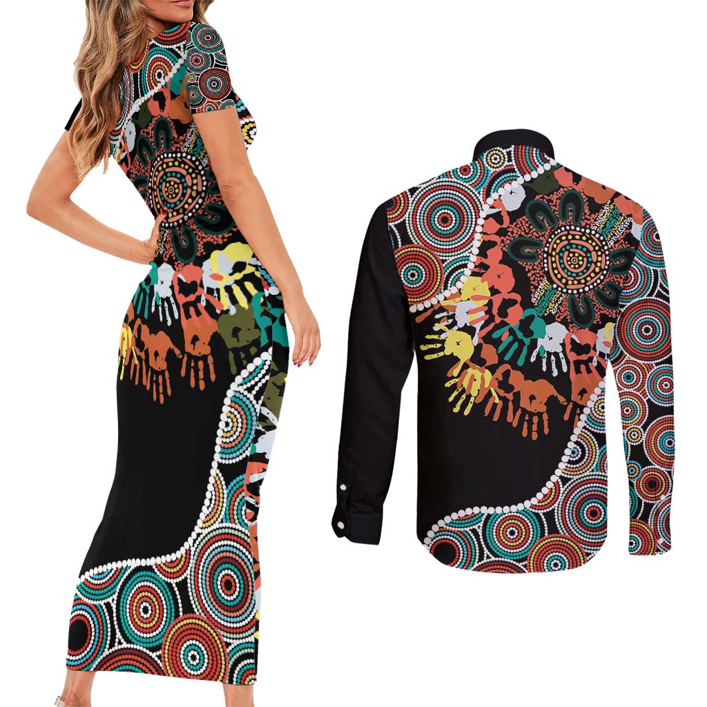 Honouring 50 Year Of NAIDOC Couples Matching Short Sleeve Bodycon Dress and Long Sleeve Button Shirt Honouring The Next Generation Red Aboriginal Art