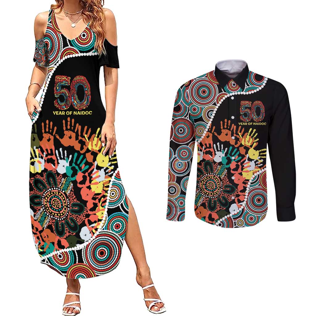 Honouring 50 Year Of NAIDOC Couples Matching Summer Maxi Dress and Long Sleeve Button Shirt Honouring The Next Generation Red Aboriginal Art