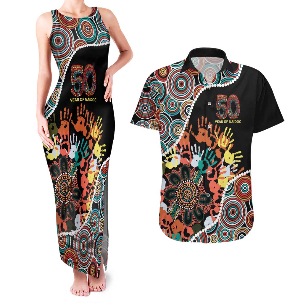 Honouring 50 Year Of NAIDOC Couples Matching Tank Maxi Dress and Hawaiian Shirt Honouring The Next Generation Red Aboriginal Art