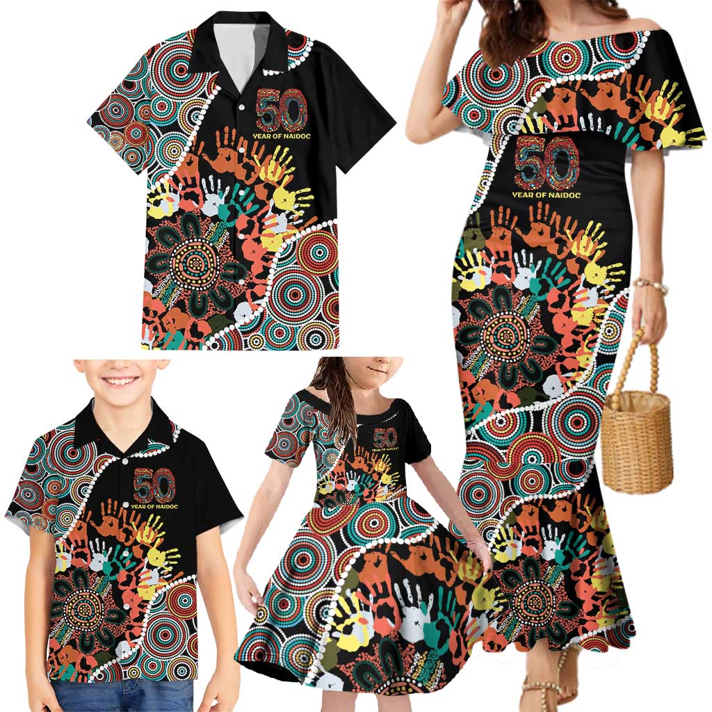 Honouring 50 Year Of NAIDOC Family Matching Mermaid Dress and Hawaiian Shirt Honouring The Next Generation Red Aboriginal Art