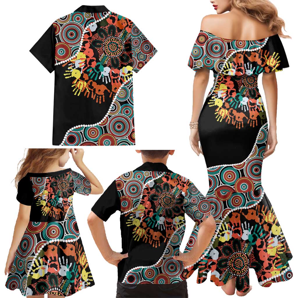 Honouring 50 Year Of NAIDOC Family Matching Mermaid Dress and Hawaiian Shirt Honouring The Next Generation Red Aboriginal Art