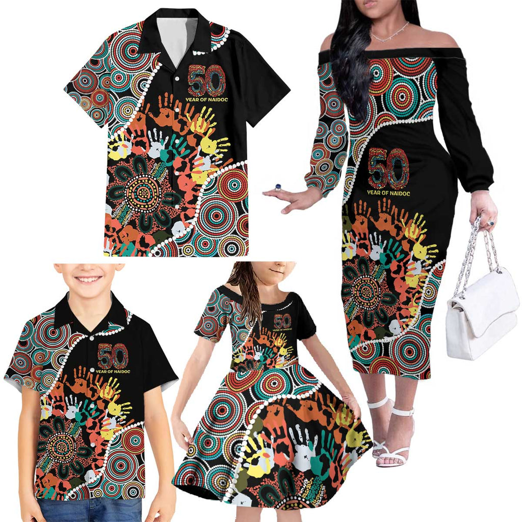Honouring 50 Year Of NAIDOC Family Matching Off The Shoulder Long Sleeve Dress and Hawaiian Shirt Honouring The Next Generation Red Aboriginal Art