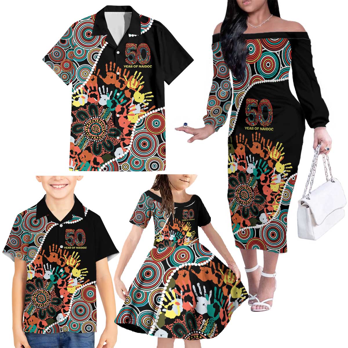 Honouring 50 Year Of NAIDOC Family Matching Off The Shoulder Long Sleeve Dress and Hawaiian Shirt Honouring The Next Generation Red Aboriginal Art