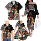 Honouring 50 Year Of NAIDOC Family Matching Off The Shoulder Long Sleeve Dress and Hawaiian Shirt Honouring The Next Generation Red Aboriginal Art