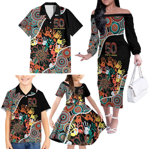 Honouring 50 Year Of NAIDOC Family Matching Off The Shoulder Long Sleeve Dress and Hawaiian Shirt Honouring The Next Generation Red Aboriginal Art