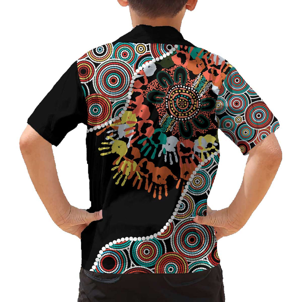 Honouring 50 Year Of NAIDOC Family Matching Off The Shoulder Long Sleeve Dress and Hawaiian Shirt Honouring The Next Generation Red Aboriginal Art