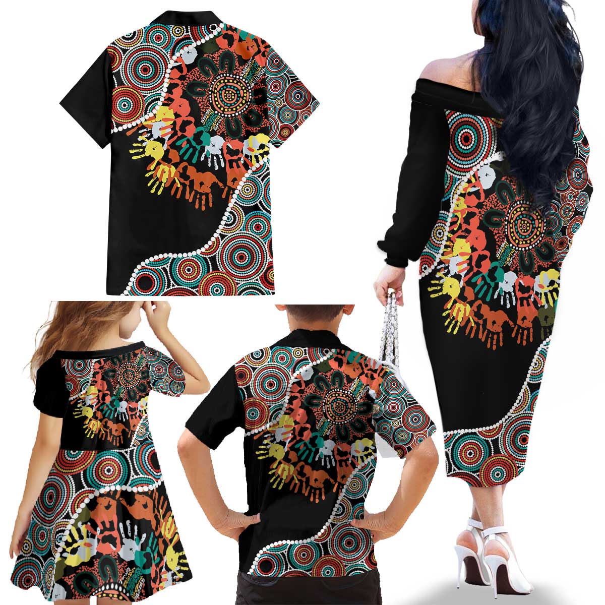 Honouring 50 Year Of NAIDOC Family Matching Off The Shoulder Long Sleeve Dress and Hawaiian Shirt Honouring The Next Generation Red Aboriginal Art