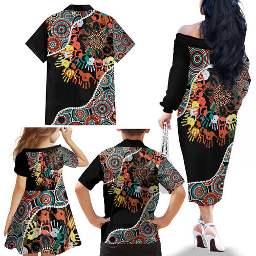 Honouring 50 Year Of NAIDOC Family Matching Off The Shoulder Long Sleeve Dress and Hawaiian Shirt Honouring The Next Generation Red Aboriginal Art