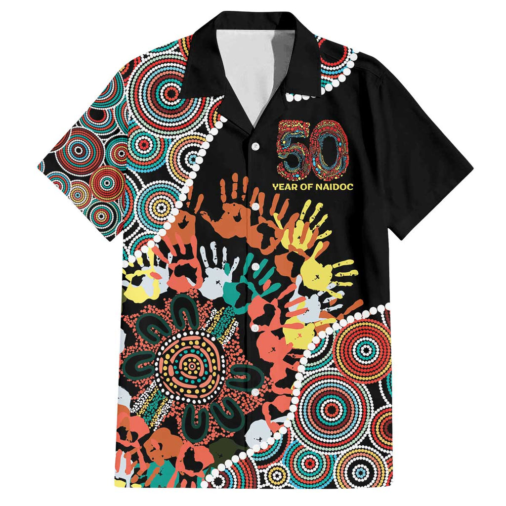 Honouring 50 Year Of NAIDOC Family Matching Off The Shoulder Long Sleeve Dress and Hawaiian Shirt Honouring The Next Generation Red Aboriginal Art