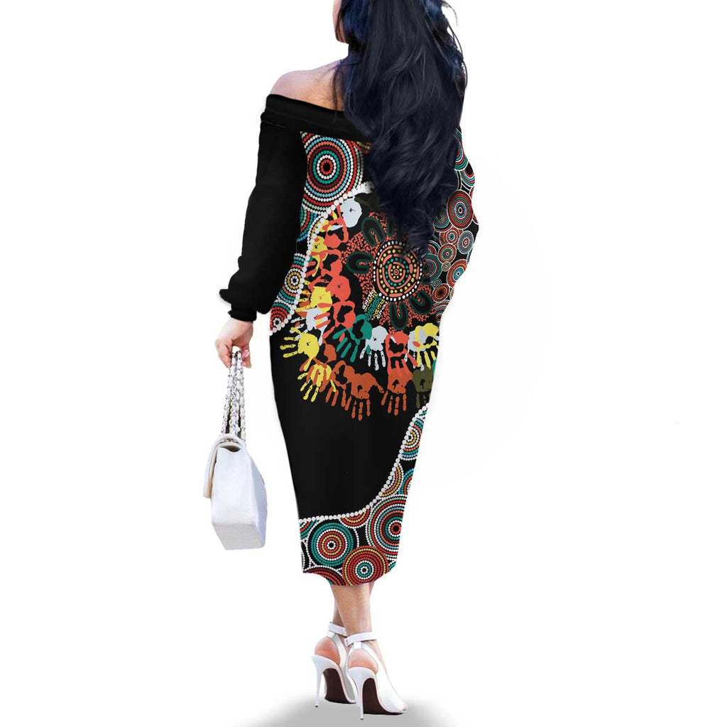 Honouring 50 Year Of NAIDOC Family Matching Off The Shoulder Long Sleeve Dress and Hawaiian Shirt Honouring The Next Generation Red Aboriginal Art