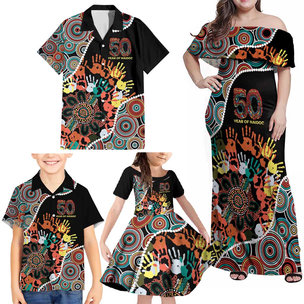 Honouring 50 Year Of NAIDOC Family Matching Off Shoulder Maxi Dress and Hawaiian Shirt Honouring The Next Generation Red Aboriginal Art
