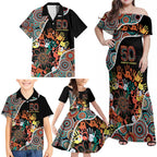 Honouring 50 Year Of NAIDOC Family Matching Off Shoulder Maxi Dress and Hawaiian Shirt Honouring The Next Generation Red Aboriginal Art