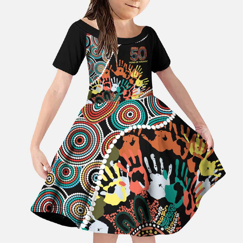 Honouring 50 Year Of NAIDOC Family Matching Off Shoulder Maxi Dress and Hawaiian Shirt Honouring The Next Generation Red Aboriginal Art