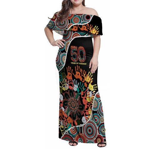 Honouring 50 Year Of NAIDOC Family Matching Off Shoulder Maxi Dress and Hawaiian Shirt Honouring The Next Generation Red Aboriginal Art