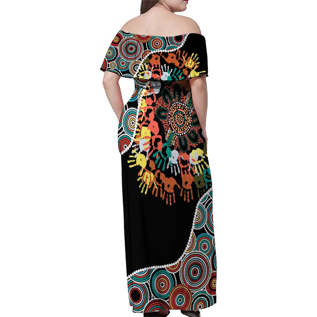 Honouring 50 Year Of NAIDOC Family Matching Off Shoulder Maxi Dress and Hawaiian Shirt Honouring The Next Generation Red Aboriginal Art
