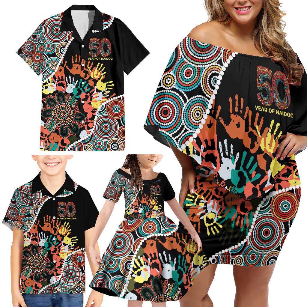 Honouring 50 Year Of NAIDOC Family Matching Off Shoulder Short Dress and Hawaiian Shirt Honouring The Next Generation Red Aboriginal Art