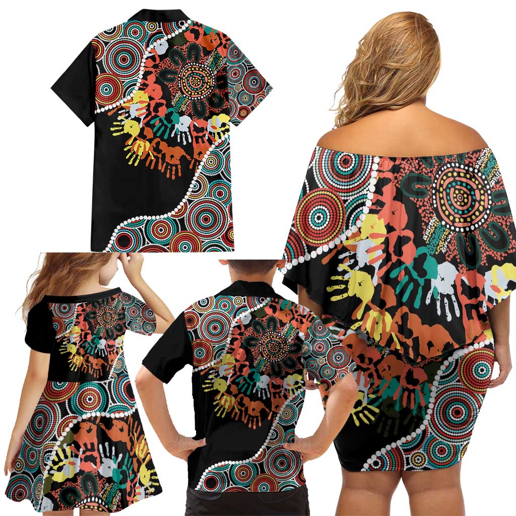 Honouring 50 Year Of NAIDOC Family Matching Off Shoulder Short Dress and Hawaiian Shirt Honouring The Next Generation Red Aboriginal Art