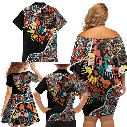 Honouring 50 Year Of NAIDOC Family Matching Off Shoulder Short Dress and Hawaiian Shirt Honouring The Next Generation Red Aboriginal Art